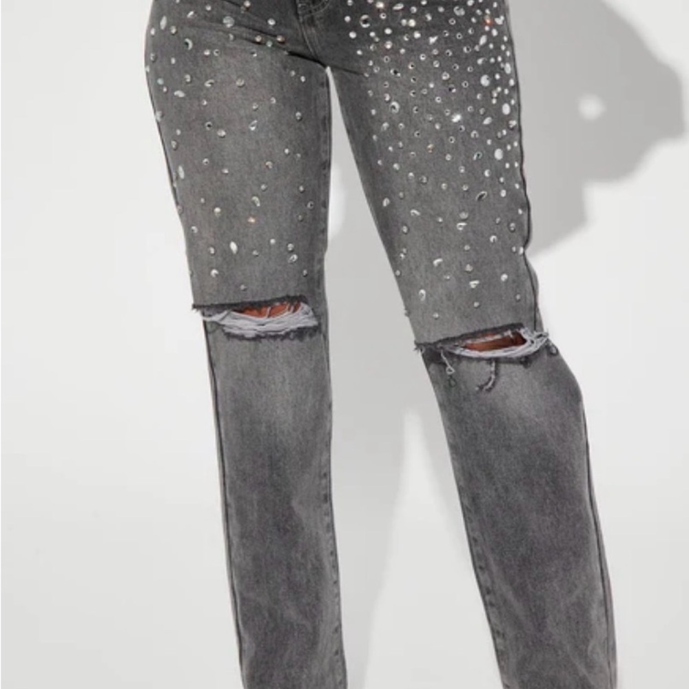 Fashion Nova Distressed High-Waist Embellished Jeans Non-Stretch